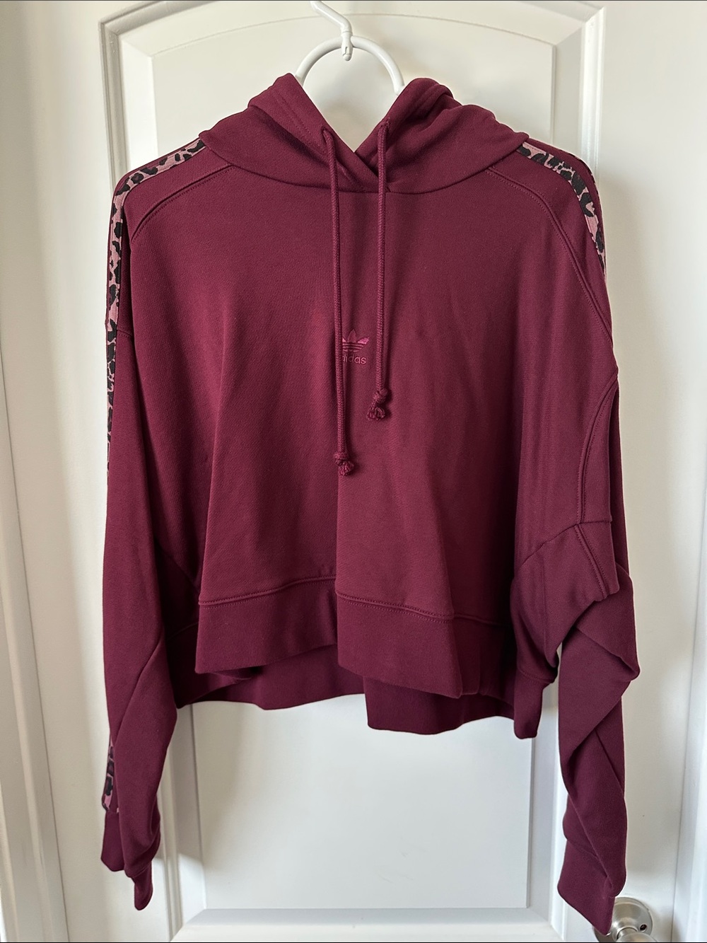 adidas Women’s Maroon Cropped Hoodie with Leopard Trim